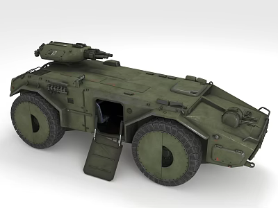 Green Armored Military Vehicle With Open Door Turret And Large Wheels 3d model
