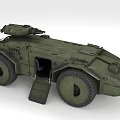 Green Armored Military Vehicle With Open Door Turret And Large Wheels