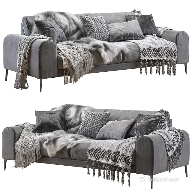 Grey Two Seater Sofa with Plush Cushions Fur Throw and Metal Legs 3d model 