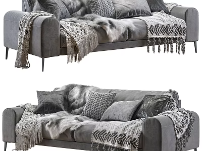 Grey Two Seater Sofa with Plush Cushions Fur Throw and Metal Legs 3d model