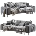 Grey Two Seater Sofa with Plush Cushions Fur Throw and Metal Legs