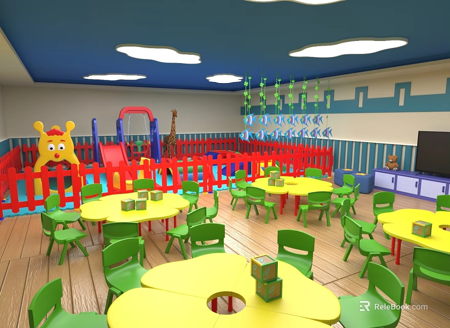 Kids Playroom Interior with Cloud Shaped Lights Colorful Tables Chairs and Play Area 3d model 