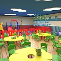 Kids Playroom Interior with Cloud Shaped Lights Colorful Tables Chairs and Play Area
