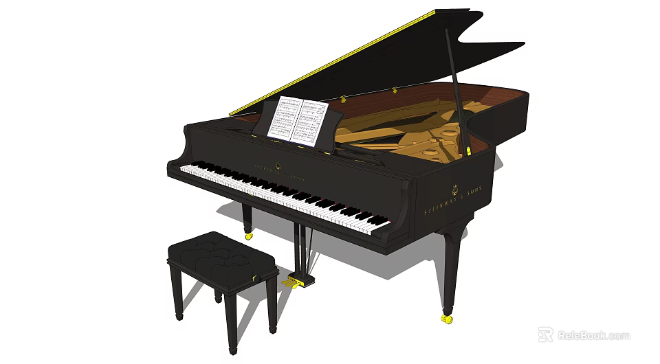 Black Grand Piano Musical Instrument with Bench and Sheet Music in Elegant Classic Design 3d model 