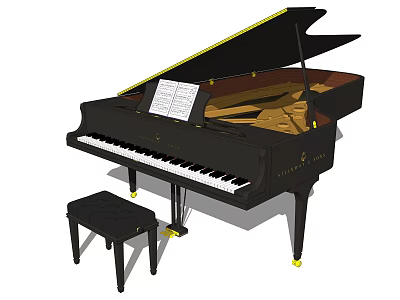 Black Grand Piano Musical Instrument with Bench and Sheet Music in Elegant Classic Design 3d model