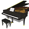 Black Grand Piano Musical Instrument with Bench and Sheet Music in Elegant Classic Design