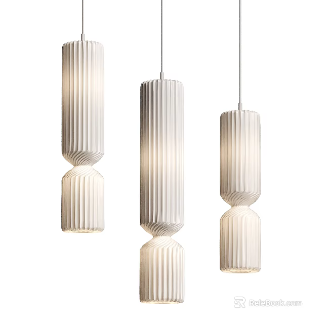 Three Modern White Striped Hanging Pendant Lights With Elegant Design 3d model
