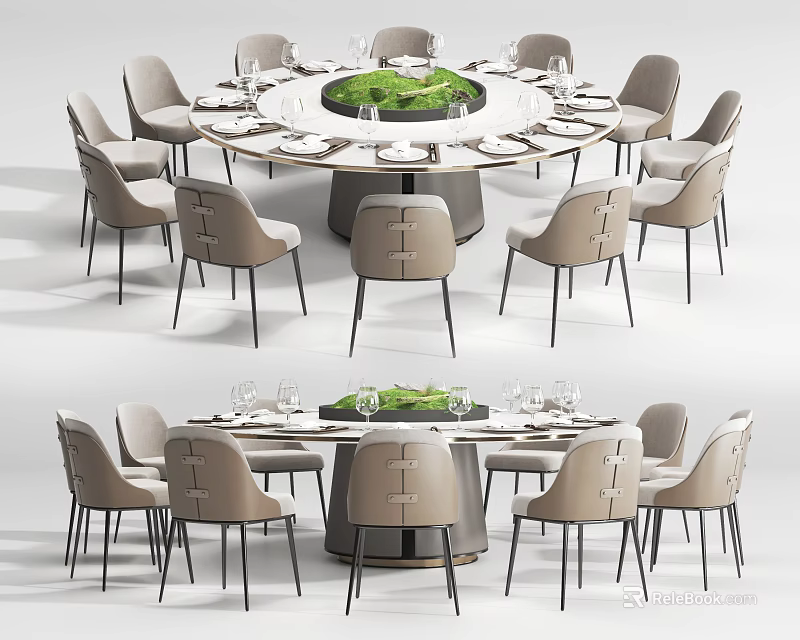 Elegant Round Dining Table Set With Matching Chairs And Green Centerpiece 3d model