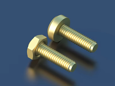 Golden Hex And Round Head Bolts With Shiny Surface On Blue Background 3d model