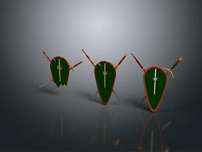 Three Green Shields With Red Borders And Crossed Swords Weapon 3d model