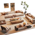 Natural Beige Sofa Coffee Table Set With Accent Pillows Wall Art Floor Plant Rug