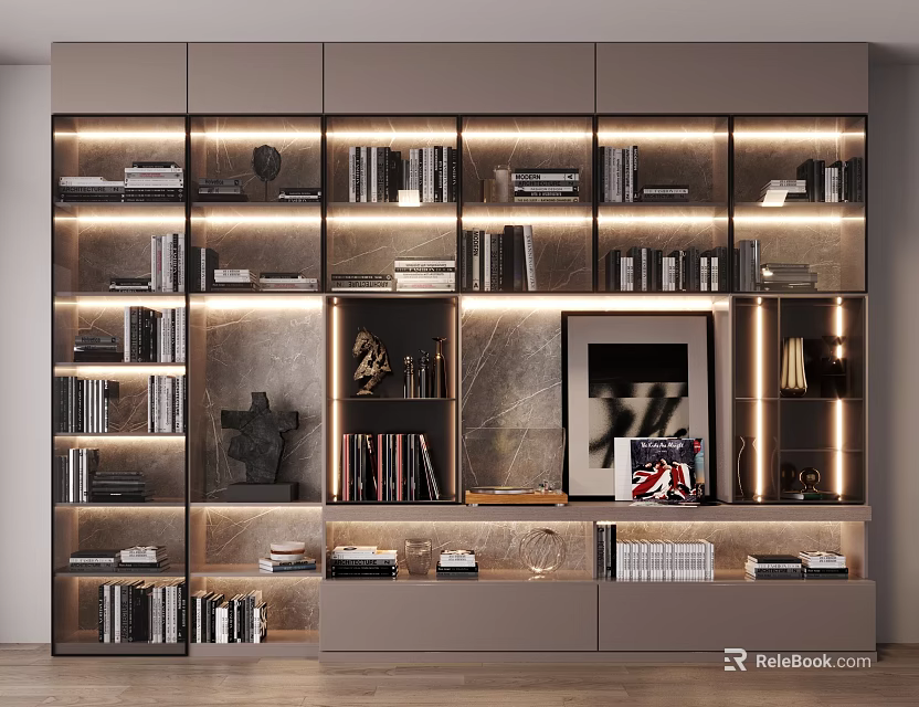 Elegant Modern Built in Bookshelf Interior Design With Books Artworks And Decorative Lighting 3d model 
