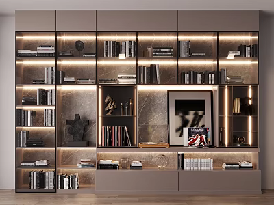 Elegant Modern Built in Bookshelf Interior Design With Books Artworks And Decorative Lighting 3d model