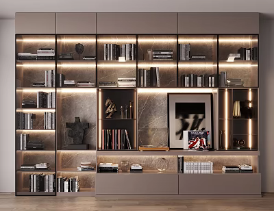 Elegant Modern Built in Bookshelf Interior Design With Books Artworks And Decorative Lighting 3d model