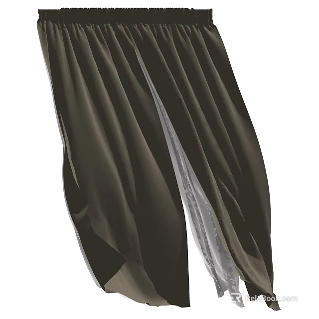 Dark Brown Pleated Curtains With Sheer Transparent Layer And Elegant Drapes 3d model 