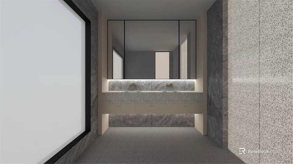 Modern Public Toilet Interior With Marble Countertop Large Mirrors And Gray Textured Walls 3d model 