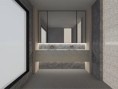Modern Public Toilet Interior With Marble Countertop Large Mirrors And Gray Textured Walls 3d model