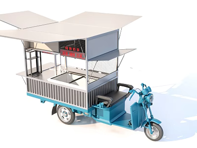 Functional Blue Tricycle Mobile Stall With White Canopy And Selling Window 3d model