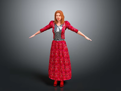 Red Haired Woman In Red Floral Dress With Silver Waist And Outstretched Arms Gray Background 3d model