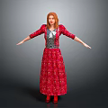 Red Haired Woman In Red Floral Dress With Silver Waist And Outstretched Arms Gray Background