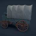 Vintage Horse Drawn Wagon With Canvas Cover And Wooden Wheels On Blue Retro Body