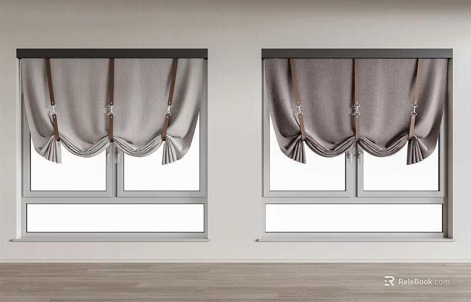 Modern Gray Roman Blinds With Pleated Design On Windows In White Walls And Wooden Floor 3d model 