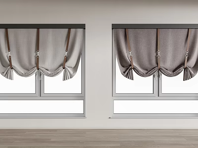 Modern Gray Roman Blinds With Pleated Design On Windows In White Walls And Wooden Floor 3d model
