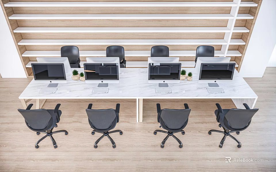 Modern Office Workspace With Multiple Desks Computers Ergonomic Chairs And Small Plants 3d model