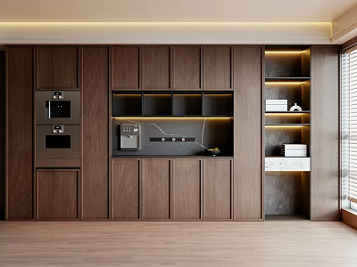 Modern Wooden Sideboard With Built-in Appliances Under Cabinet LED Lighting And Minimalist Design Open Shelves 3d model