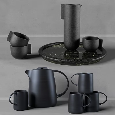 Black Ceramic Tableware Set with Stackable Cups Kettle and Marble Pattern Tray 3d model