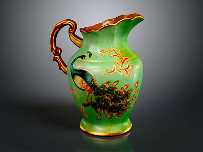 Green Ceramic Jug With Peacock Design Gold Accents And Brown Handle 3d model