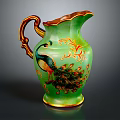 Green Ceramic Jug With Peacock Design Gold Accents And Brown Handle