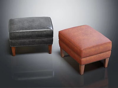 Modern Leather Ottomans Gray And Brown With Wooden Legs Stitched Details And Rivet Accents 3d model