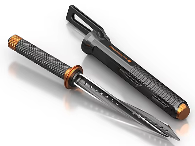 Tactical Dagger With Black Orange Handle Silver Blade And Protective Sheath 3d model