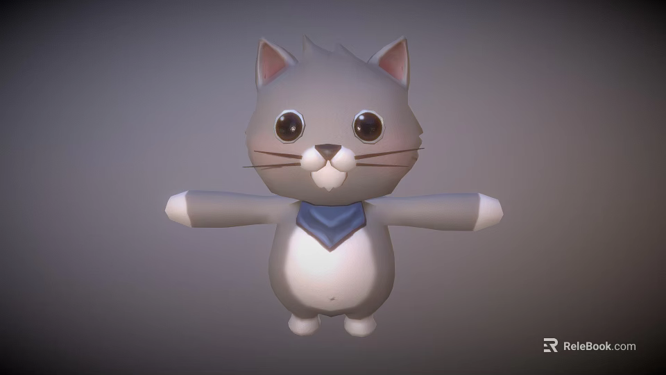 Cute Gray Cartoon Cat Character with Big Eyes and Blue Scarf for Game Movie 3d model 