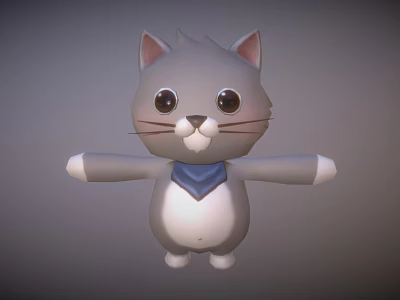 Cute Gray Cartoon Cat Character with Big Eyes and Blue Scarf for Game Movie 3d model