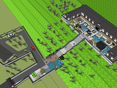 Single Family Villa With Green Lawn Courtyard Swimming Pool And Driveway 3d model