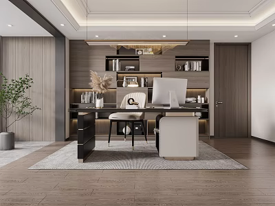 Modern Study Room Interior With Wooden Desk Computer Bookshelves Chair Plant And Rug 3d model