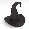 Black Witch Hat with Pointed Curved Tip and Wide Brim Design