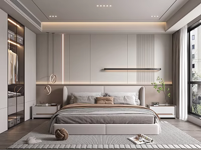 Elegant Modern Bedroom Interior Design With Large Bed Bedside Tables Wardrobe And Green Plant 3d model