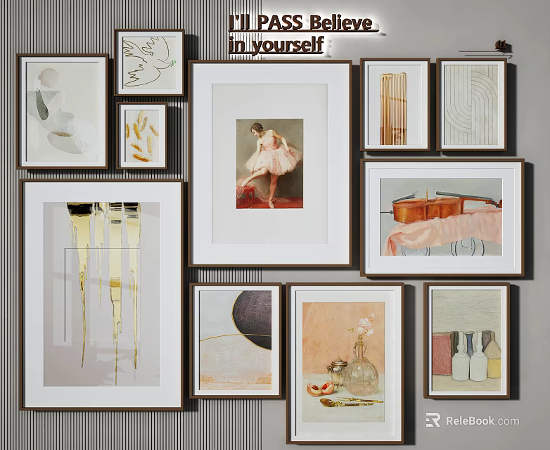 Various Framed Artworks On Decorative Wall With Mixed Styles And Themes 3d model 