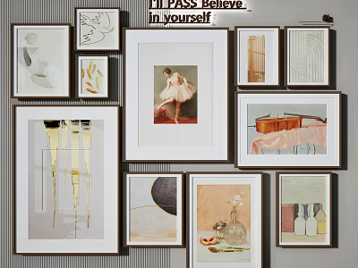 Various Framed Artworks On Decorative Wall With Mixed Styles And Themes 3d model
