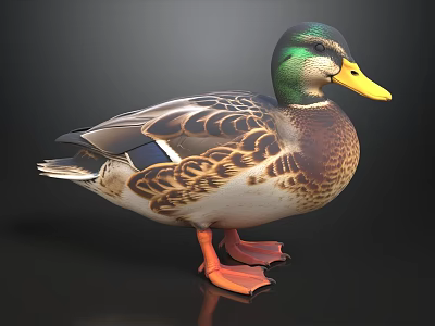 Green Headed Duck With Colorful Feathers And Orange Webbed Feet On Black Background 3d model