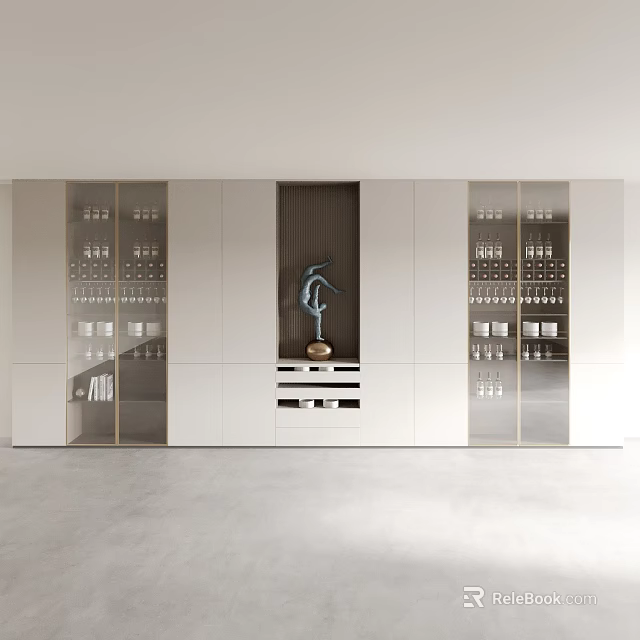 Modern Wine Cabinet Design With Glass Doors And Displayed Wine Bottles Glasses 3d model 