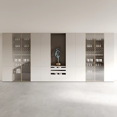 Modern Wine Cabinet Design With Glass Doors And Displayed Wine Bottles Glasses 3d model