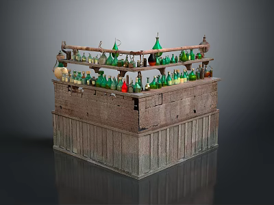 Vintage Display Cabinet With Multiple Shelves Filled With Green And Red Glass Bottles 3d model