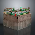 Vintage Display Cabinet With Multiple Shelves Filled With Green And Red Glass Bottles