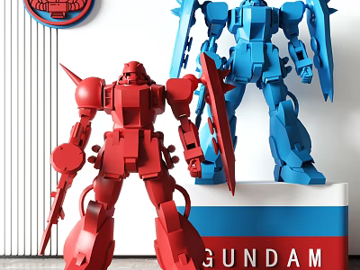 Red And Blue Gundam Action Figure Models With Collectible Box 3d model