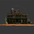Cartoon Western Saloon Scene With Desert Ground Cactus And Wooden Wagon