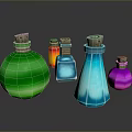 Colorful Glass Bottles In Various Shapes With Cork Stoppers On Dark Background